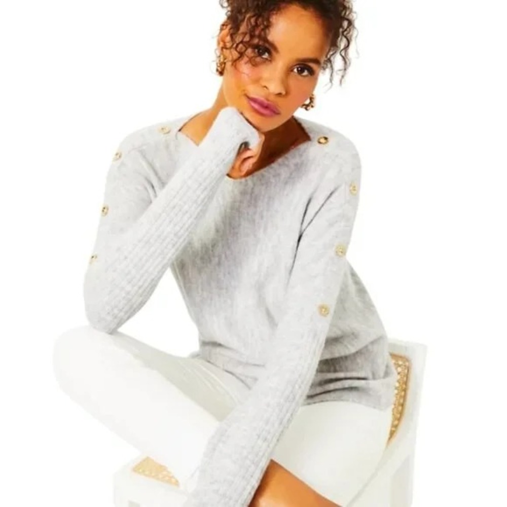 Lilly Pulitzer Button Sweater Womens L Gray Nautical‎ Soft Minimalist Cozy - Picture 3 of 7